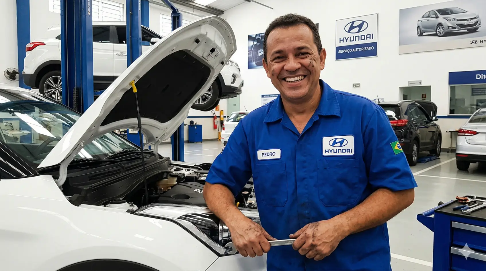 Mecânico Hyundai sorrindo ao lado de um carro.